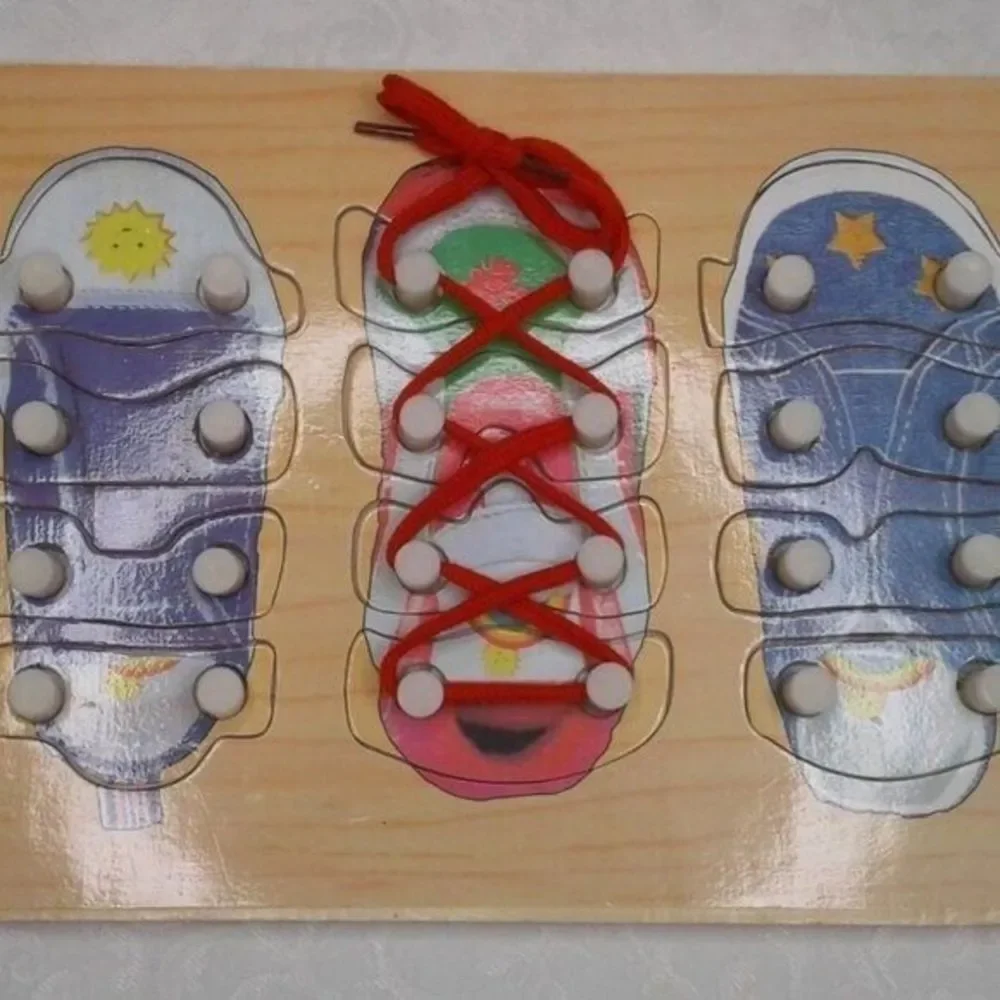 Wooden Shoe Tie Lacing Threading Board Matching Puzzle Educational Preschool Toy
